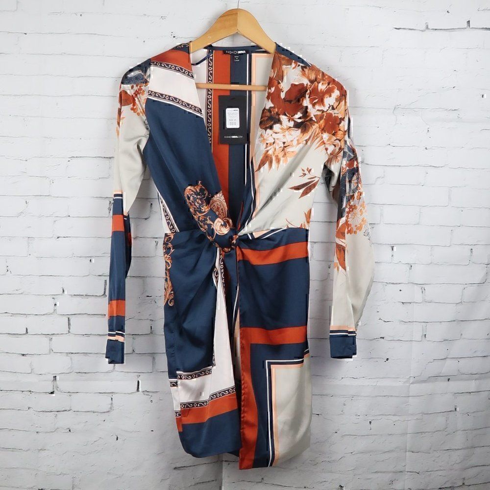 FASHION NOVA BLUE ORANGE & WHITE LONG SLEEVE MOCK WRAP SCARF MIDI DRESS SIZE XS